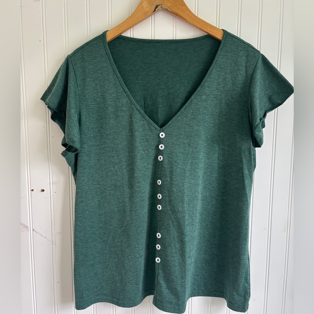Green V-Neck Buttoned Women's Top
